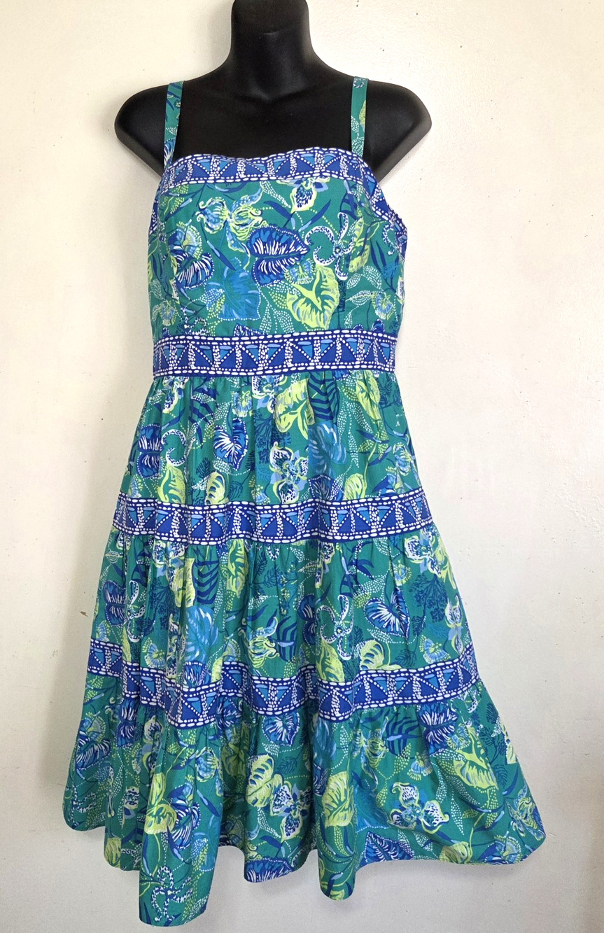 Lilly Pulitzer Dress Sz 10 Casidee Green/Blue Botanical Floral Sundress Tiered